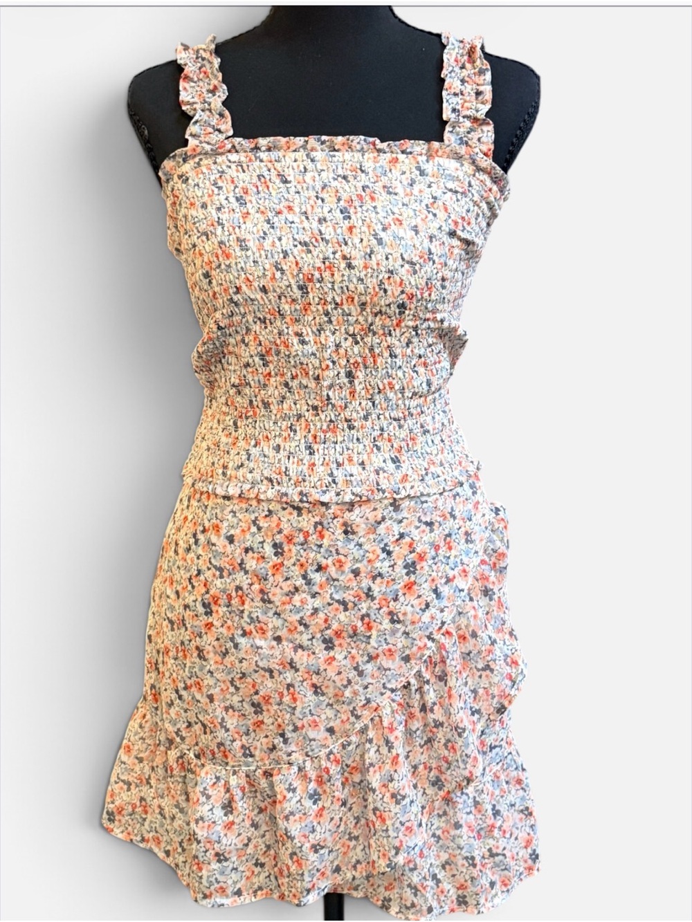 Abercrombie & Fitch Cream Floral Smocked Skirt Set with Pink & Orange Accents